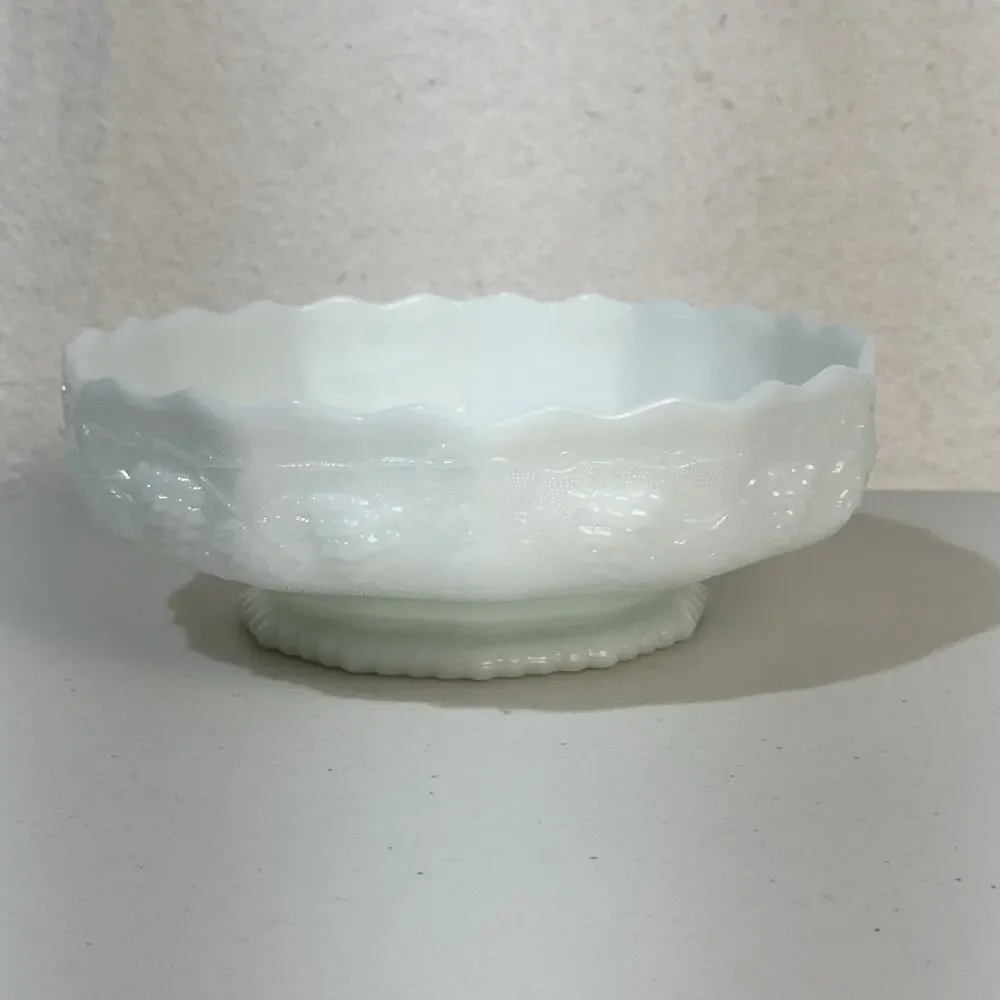 Anchor Hocking Fire King White Milk Glass Harvest Grapevine Footed Fruit Bowl